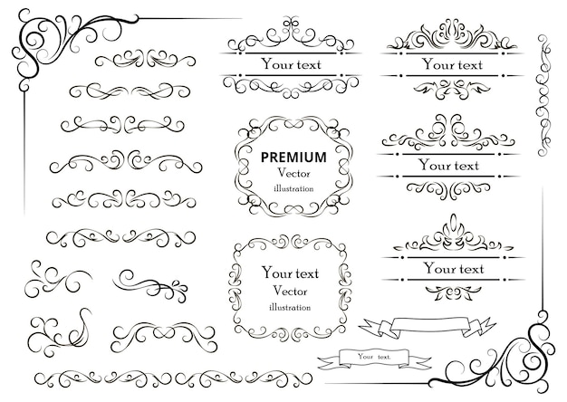 Remolinos decorativos o pergaminos marcos vintage florece etiquetas y divisores Ilustración de vector retro