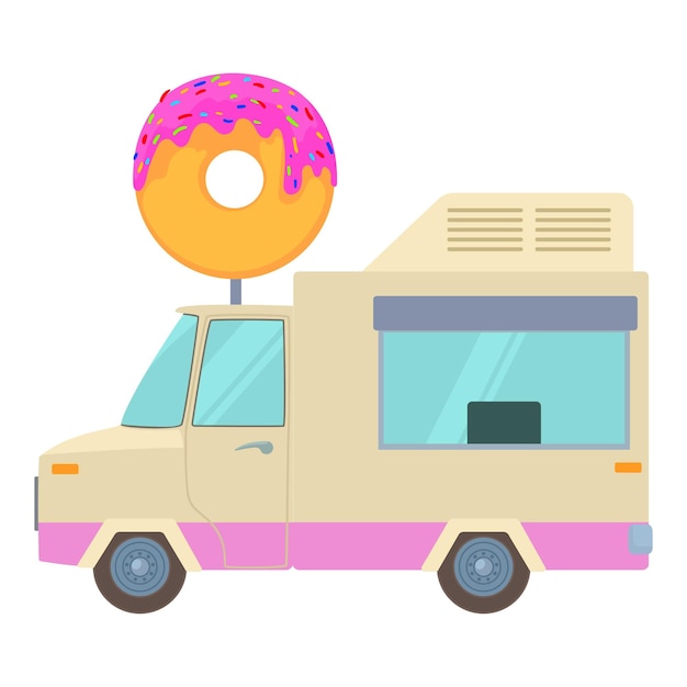 Remolque de comida rápida con icono de donut Ilustración de dibujos animados de remolque de comida rápida con icono de vector de donut para web
