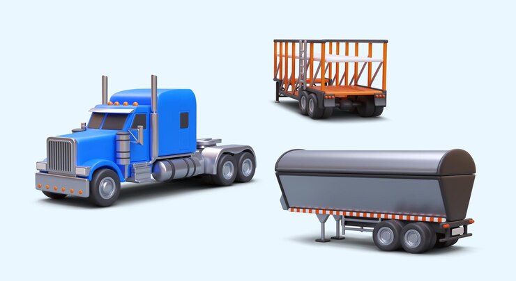 Vector remolque de diseño abierto de camión realista en 3d para transportar cargas pesadas y remolques de metal