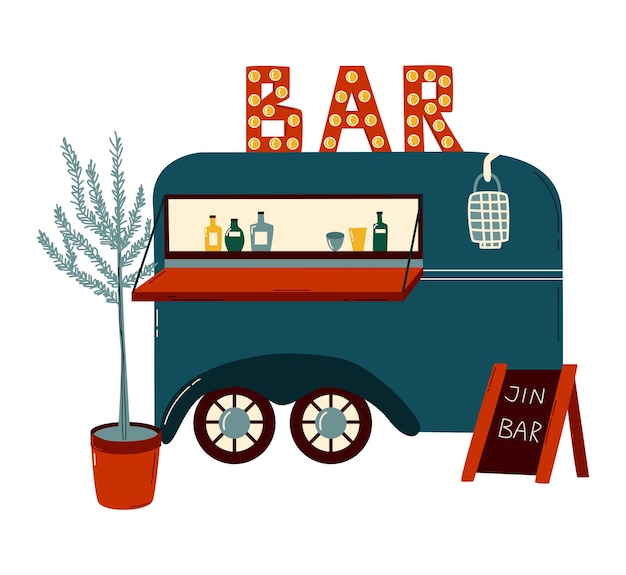 Remolques de furgonetas para la barra de letras de negocios en el vector de estilo de dibujos animados de diseño de transporte de comida rápida de furgoneta