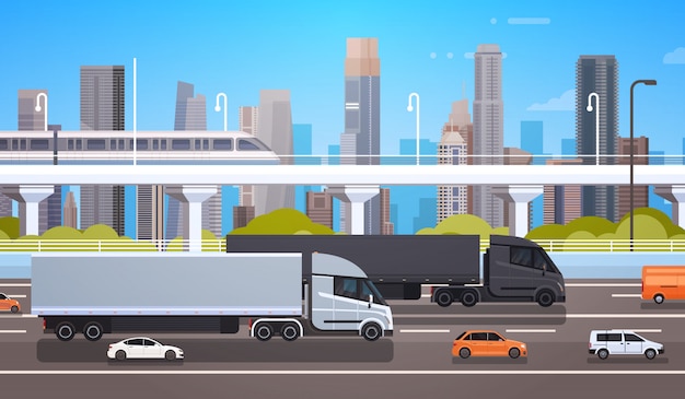 Vector remolques grandes de camiones de carga en la carretera con autos y camiones sobre el envío de fondo de la ciudad moderna