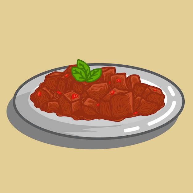 Vector rendang es una de las mejores carnes de comida indonesia con salsa picante y hojas de lima en un plato.