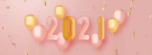 Render 3D brillante 2021 número con globos realistas