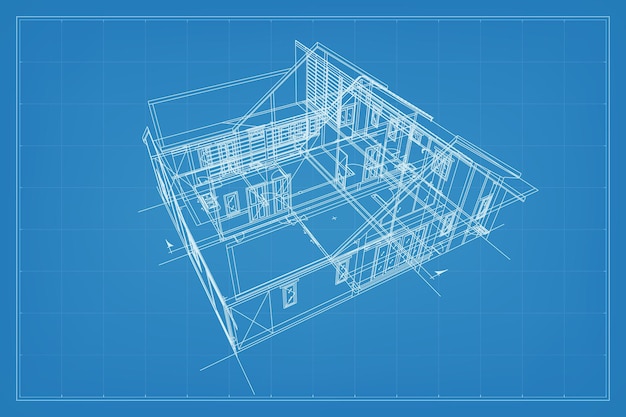 Render 3D de la estructura de estructura metálica del edificio Estructura metálica en perspectiva de la casa