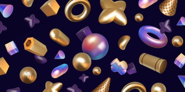 Render 3D de fondo abstracto realista con formas holográficas y metálicas Elementos iridiscentes de arte moderno Formas geométricas con degradado de color Figuras doradas y arcoíris vectoriales