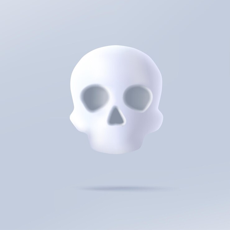 Vector render 3d icono de calavera blanco con sombra estilo de dibujos animados con ojos y nariz símbolo de ilustración digital aislado
