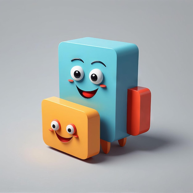 Rendering 3D de un lindo cubo azul con ojos naranjas y un robot Rendering 4D de un cubo azul lindo