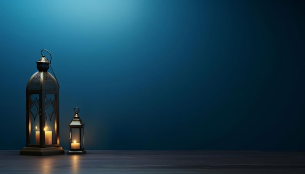 Vector rendering en 3d de las linternas de ramadan kareem en una mesa de madera con fondo azul
