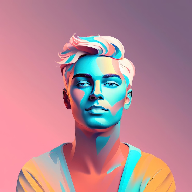 Vector rendering 3d de un modelo masculino con luces de neón en el estilo de la moda de estudio rendering 4d de un hombre