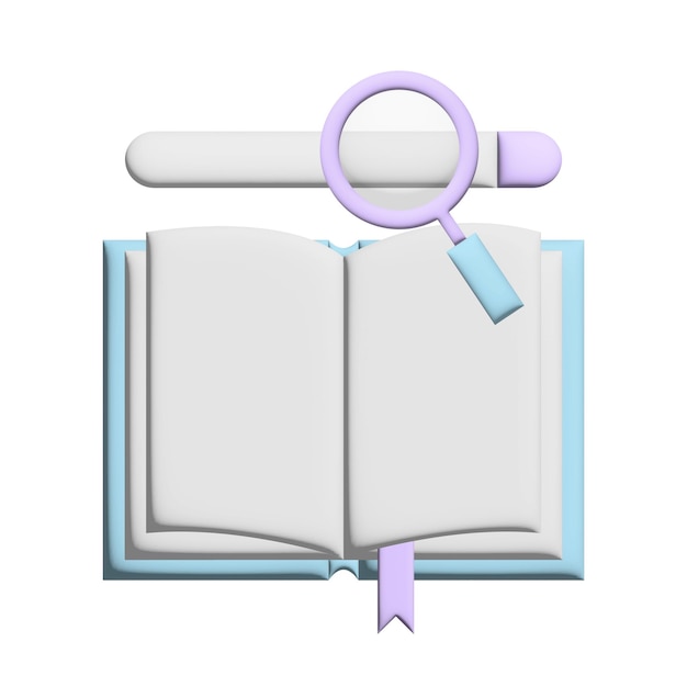 Renderización 3D de una barra de búsqueda de libros y lupa en colores pastel Ilustración vectorial