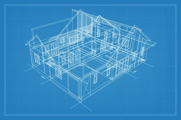 Vector renderización 3d de la estructura de wireframe del edificio frame de wire de la perspectiva del exterior de la casa idea gráfica de construcción abstracta ilustración vectorial