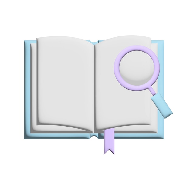 Renderización 3D de un libro y una lupa en colores pastel Vector aislado sobre fondo blanco