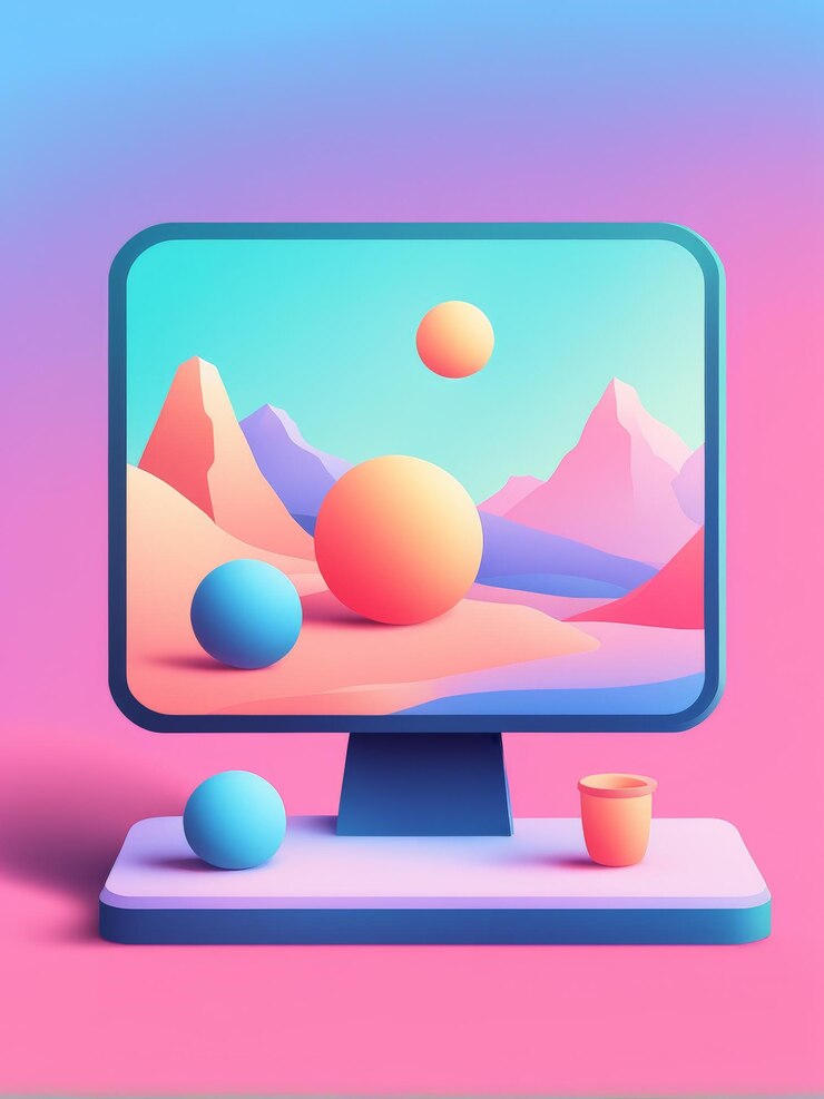 Vector renderización 3d de un monitor de computadora con globo y en el fondo
