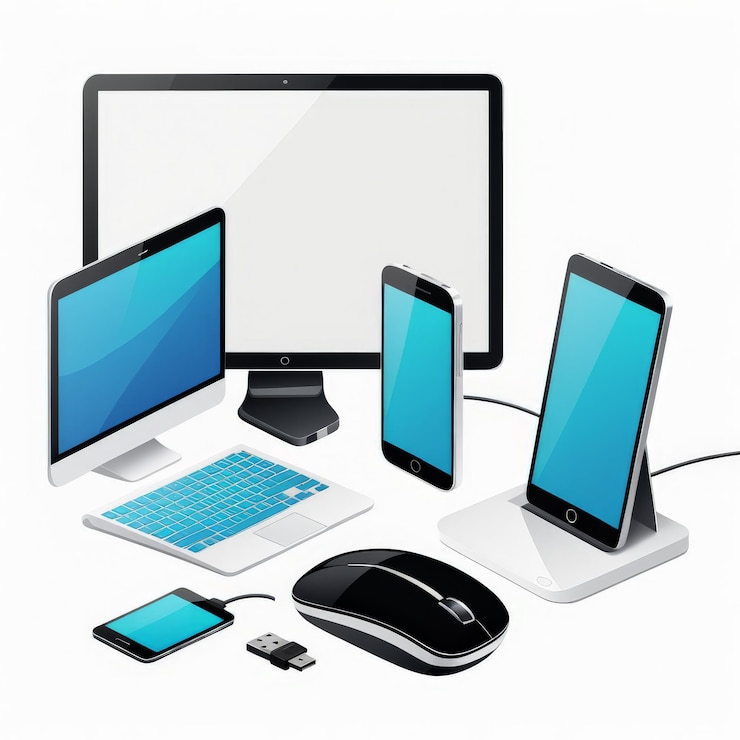 Vector renderización 3d de portátil, tableta, teléfono y tableta con pantalla en blanco aislada sobre un fondo blanco