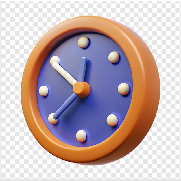 Renderización 3D de un reloj de dibujos animados con colores naranja y azul