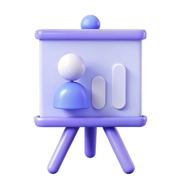 Renderización 3D de un tablero de presentación púrpura con icono de persona y gráfico de barras