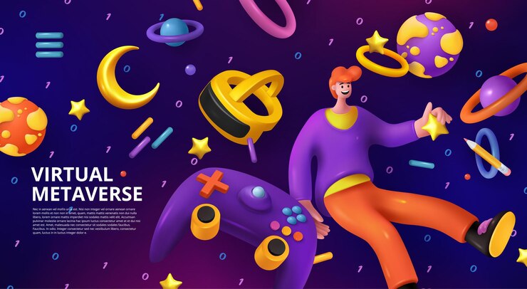 Renderización de juegos 3D Metaverse virtual La gente vuela en el espacio Planeta divertido en realidad aumentada Joystick y gafas VR Jugador juega en gamepad Banner web Vector de dibujos animados fondo exacto