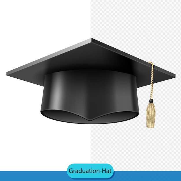 Renderizado en 3D de un sombrero de graduación negro con una taza de oro