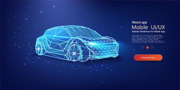 Renderizado de automóviles poligonales digitales con bordes luminosos en un fondo nocturno estrellado automóvil digital en un estilo futurista a excepción de un banner o una página de aterrizaje Ilustración vectorial
