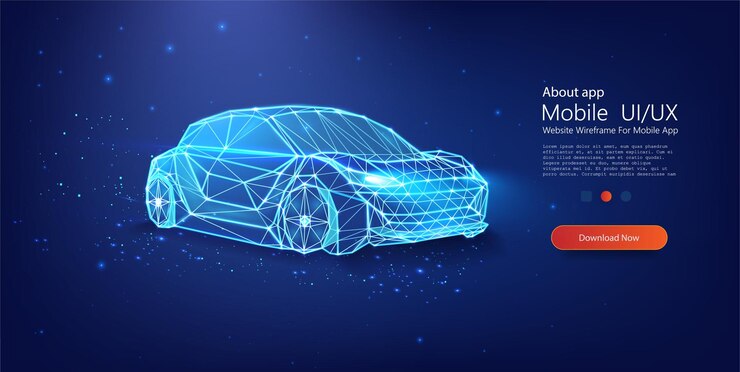 Vector renderizado de automóviles poligonales digitales con bordes luminosos en un fondo nocturno estrellado automóvil digital en un estilo futurista a excepción de un banner o una página de aterrizaje ilustración vectorial