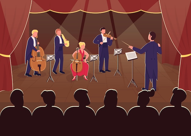 Vector rendimiento de orquesta sinfónica color plano. conductor con músico. espectáculo nocturno en vivo. entretenimiento para la audiencia. banda de música clásica personajes de dibujos animados 2d con escenario en el fondo