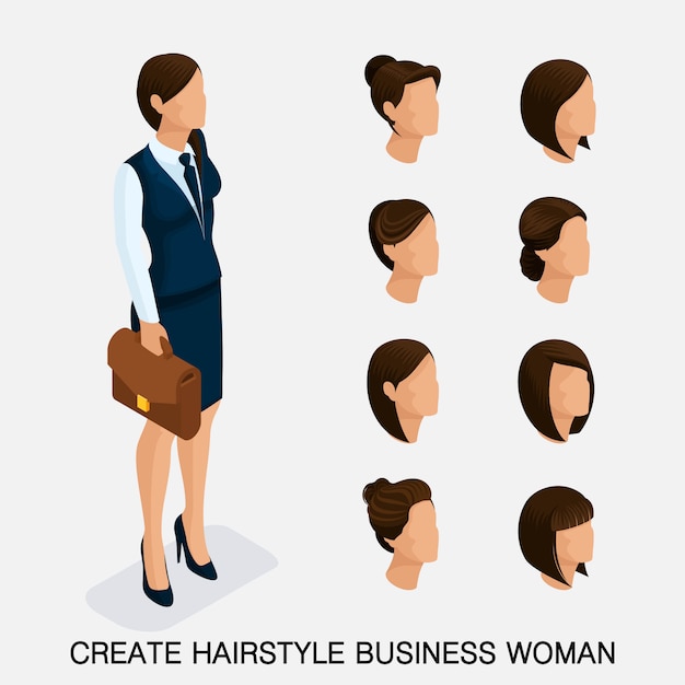 Rendy isometric set 1 peinados para mujeres mujer de negocios joven  peinado color de pelo mujer de negocios moderna  Vector Premium