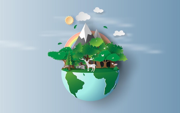 reno en el bosque de árboles verdes Diseño creativo de Origami entorno mundial y concepto del día de la tierra