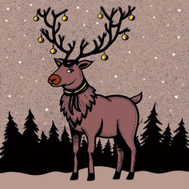 un reno con una bufanda en el cuello se muestra con un árbol de Navidad en el fondo