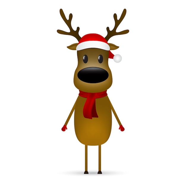 Reno de Navidad con una bufanda y un sombrero de Papá Noel se encuentra sobre un fondo blanco Vector