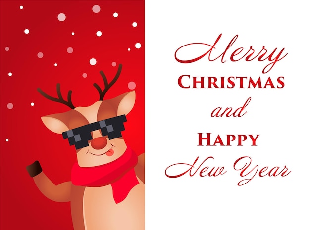 Reno de Navidad. Ciervo de carácter lindo y divertido. Tarjeta de Navidad. Ilustración vectorial.