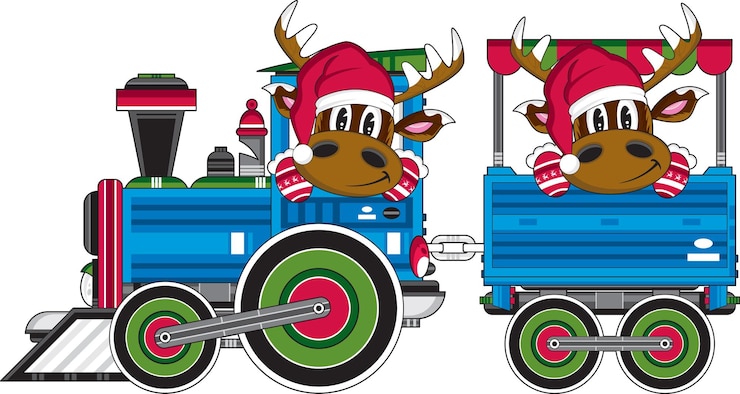 Reno de Navidad de Santa Claus de dibujos animados en ilustración de tren de vapor
