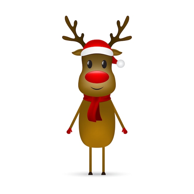 Reno navideño con una bufanda y un sombrero de Papá Noel parado en el bosque