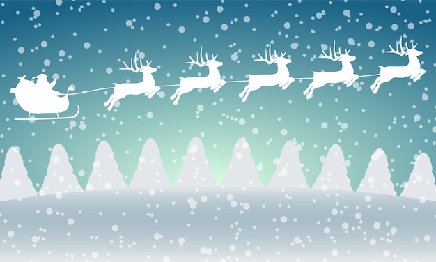Los renos navideños llevan a Papá Noel en un trineo con una silueta de regalos en el bosque