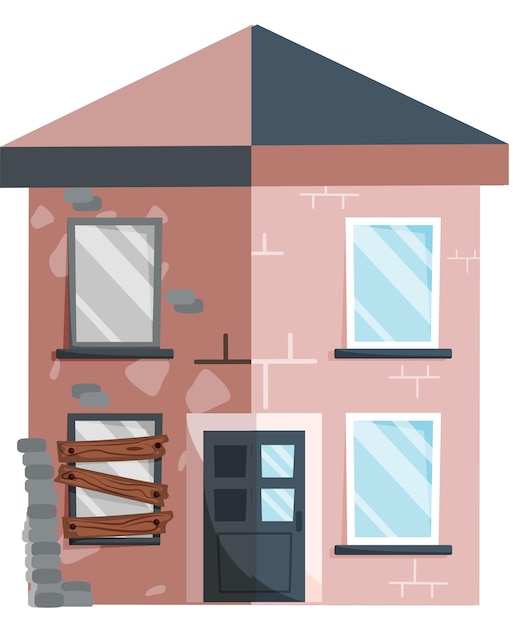 Vector renovación del hogar casa antes y después de la reparación cabaña suburbana nueva y vieja construcción de remodelación casa vieja en ruinas remodelada en una linda cabaña suburbana tradicional servicio de mantenimiento de edificios