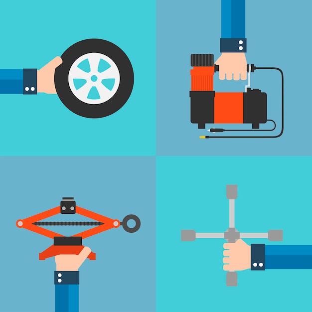 reparación, de, automóvil, ruedas, plano, designvector, ilustración