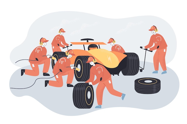 Vector reparación de automóviles en carreras deportivas por equipo profesional de mecánicos.