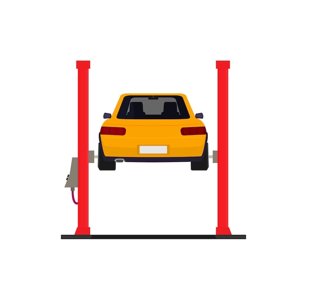 Reparación de automóviles Coche levantado en elevador automático Vector