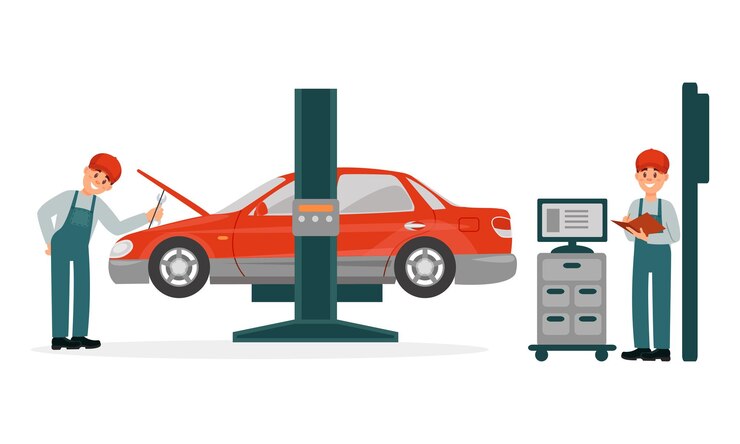 Vector reparación de automóviles o mecánicos de automóviles y ejecución del mantenimiento del conjunto de ilustraciones vectoriales de automóviles