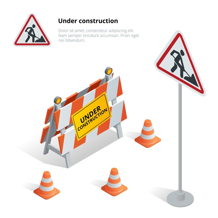 Vector reparación de carreteras, señal de carretera en construcción, reparaciones, mantenimiento y construcción de pavimento, señal de carretera cerrada con luces naranjas en contra. ilustración isométrica vectorial plana 3d