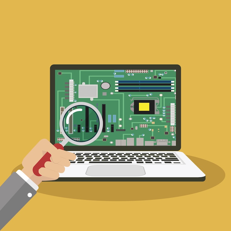 Vector reparación de computadoras portátiles, servicio informático, tienda de informática concepto de ilustración plana