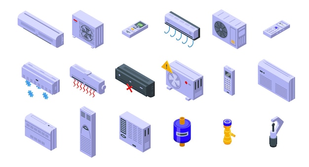 Reparación de iconos de acondicionador de aire conjunto de vectores isométricos. instalar calor