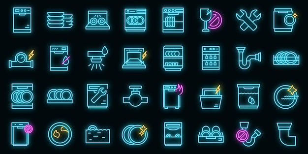 Reparación de lavavajillas iconos set vector neon