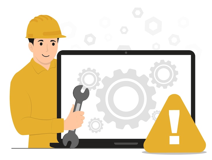 Vector reparación o servicio de computadoras de vector plano que repara enormes mantenimiento de solución de problemas rotos