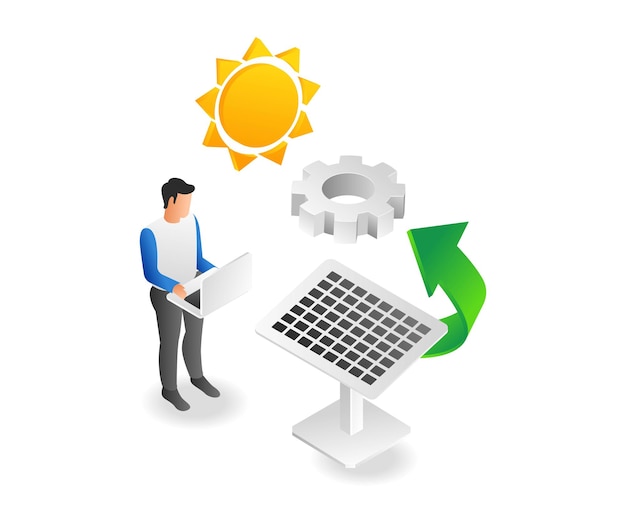 Vector reparación de paneles solares con ordenador