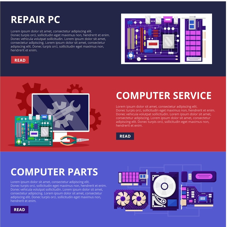 Vector reparación de pc conjunto de banners web de servicio informático componentes de hardware red de escritorio folleto de tienda de piezas electrónicas circuito de chip procesador y placa base diseño de fondo horizontal vectorial