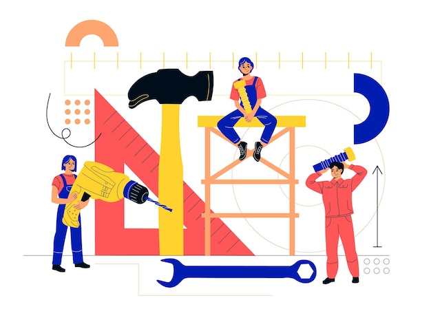 Reparación pequeña Mecánica con herramientas equipo de trabajo de renovación conjunta arreglar averías hombres con taladro y martillo composición abstracta mantenimiento técnico vector dibujos animados concepto aislado