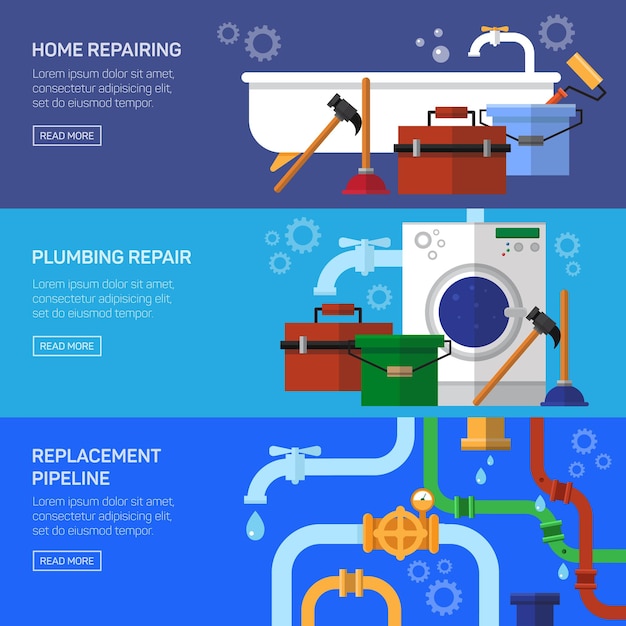 Vector reparación de plomería arreglar el conjunto de banner horizontal de tubería de obstrucción ilustración vectorial aislada