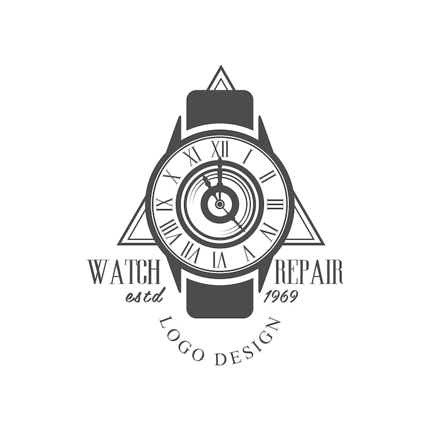 Reparación de relojes estd 1969 diseño del logotipo monocromo emblema vectorial del servicio de reparación de relojos vintage Ilustración aislada sobre un fondo blanco