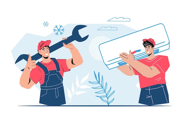 Reparaciones de servicios profesionales de aire acondicionado y mantenimiento regular Ilustración de vector plano Plantilla de banner para servicios de reparación e ingeniería de aire acondicionado