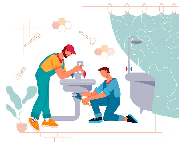 Reparador o plomeros reparan fregadero en baño ilustración vectorial plana aislada